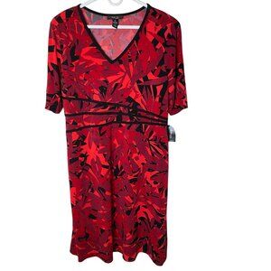 Style & Co 16 Red Black Abstract V-Neck Dress Short Sleeve Stretch Knit NWT